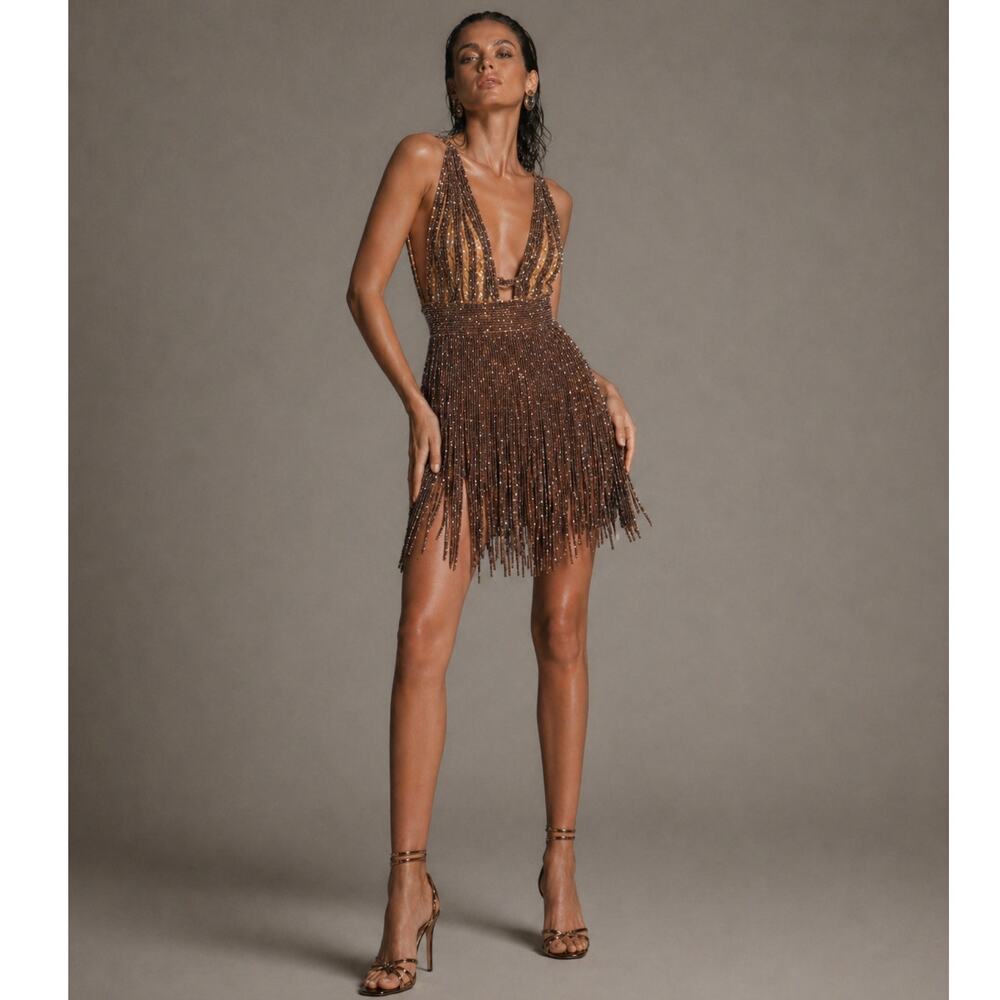 Mandalay Beaded Fringe Mini Dress 6 Gold Sequin Plunge Party NWT